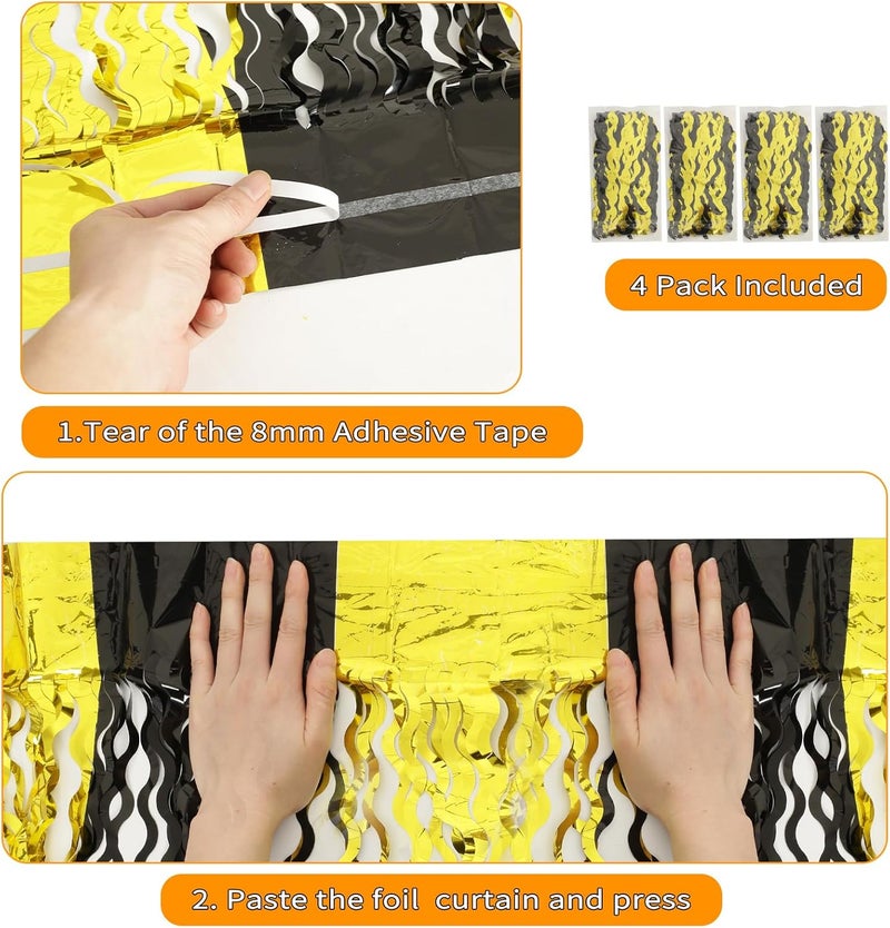 KEEUH 4 Pack Black and Gold Wavy Foil Fringe Curtains Pirthday Decorations,3.3 ft x 6.6 ft Metallic Foil Curtains Streamers for Party Photo Booth Props Background Decoration - Image 3